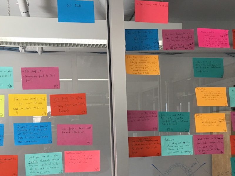 Post-it notes on a glass wall